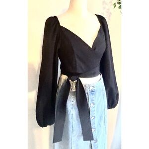 Cropped wrap midriff sexy top in black, long puffy sleeves-Medium